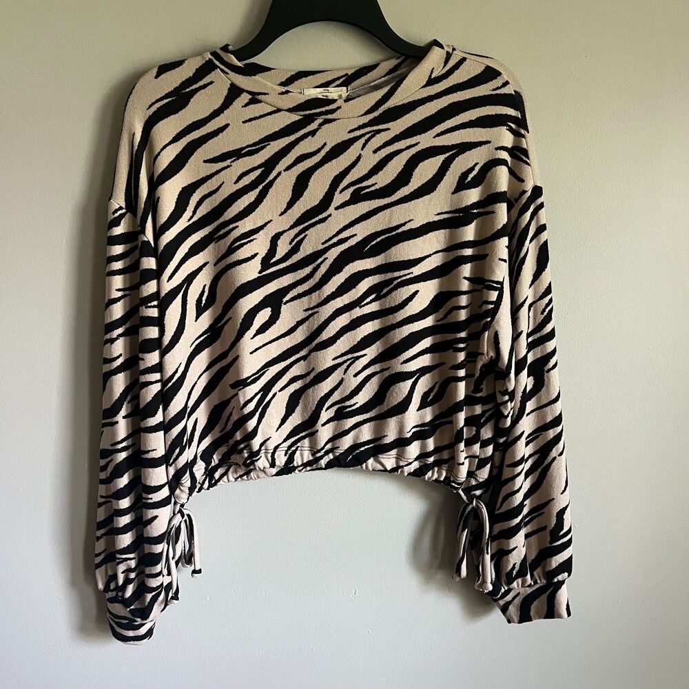 Entro Zebra Print Cropped Pullover Sweatshirt Top Sz L Drawstring Hem